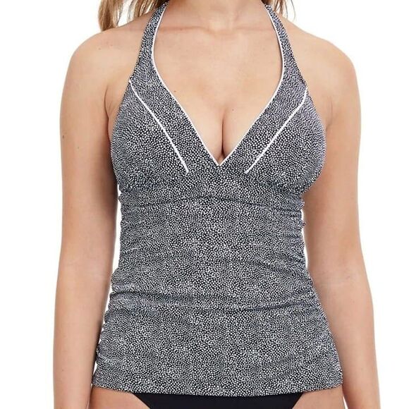Profile By Gottex NWT Sz 12 Black White Colette V-Neck Halter Tankini Swim Top